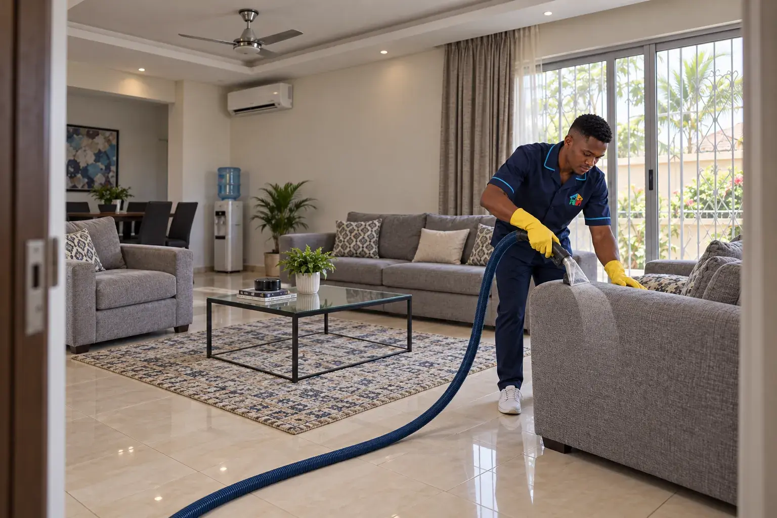 Living room where a Solufix cleaner cleans a grey sofa with an upholstery nozzle