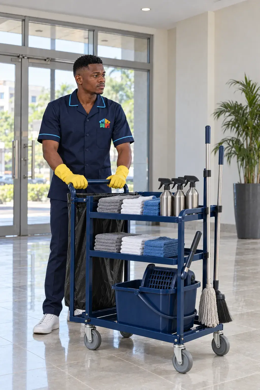 Solufix cleaner standing with a cleaning trolley in a bright lobby