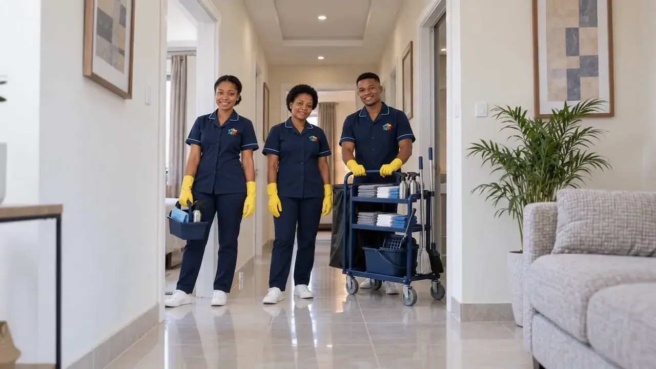 The three Solufix cleaners in navy uniforms and yellow gloves standing in a bright hallway with their trolley and caddy